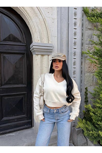 kırmızı butiks V Yaka Crop Sweat