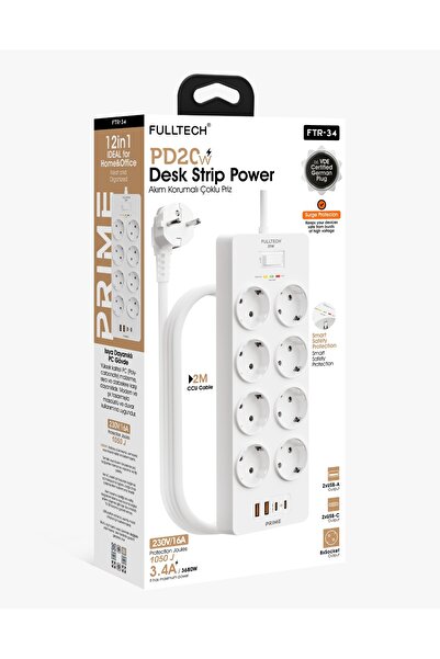 Ftr-34 Pd 20W Akım Korumalı Çoklu Priz – 8xac Soket + 2 Usb-A + 2 Usb-C, 2 M Kablo