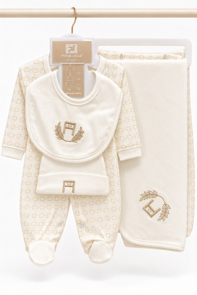 Baby Gift طقم مواليد 4 قطع - افرول وكوفلة وطاقية ومريلة حديثي الولادة