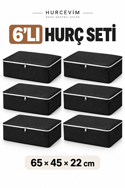 HURCEVİM 6'lı Büyük Boy Baza Altı Hurç 65x45x22 cm Siyah Kalın Tela Kumaş Fer...