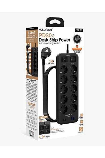 Ftr-30 Pd 20W Akım Korumalı Çoklu Priz – 10XAC Soket + 2xusb-A + 2xusb-C, 2 M Kablo
