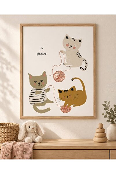BeeBoo Design Oyun Oynayan Kediler Posteri Doğal Ahşap Çerçeveli 30 x 40 cm