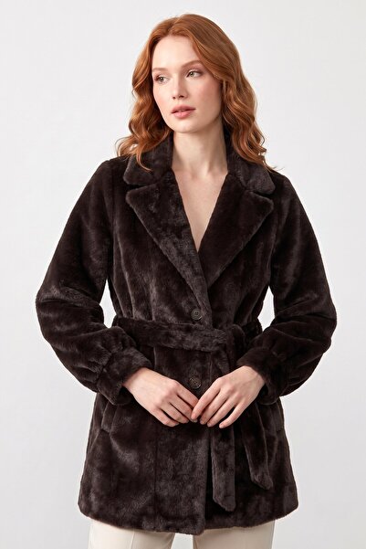 hadiora Double-Breasted Collar Belted Buttoned Soft Textured Plush Coat