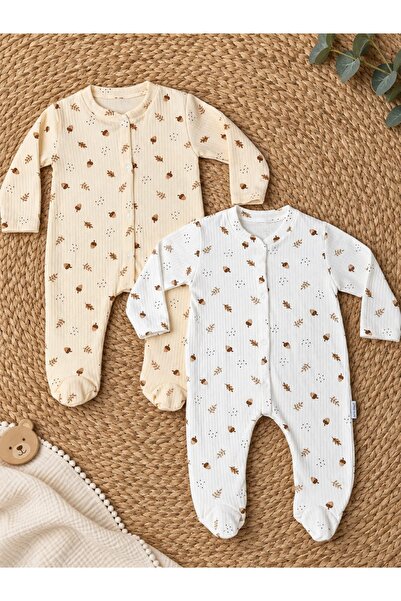 DEFNE LİNA BABY Yenidoğan Erkek Bebek %100 Pamuklu Desenli Patikli 2'li Tulum...