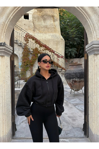 kırmızı butiks Balon Sleeve Glitter Hoodie