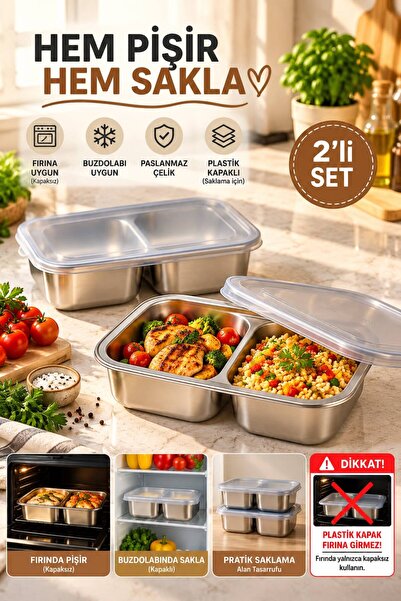 GUGGA Ovi - 2'li Hem Pişir Hem Sakla SUS304 Paslanmaz Çelik Fırın Kabı Plasti...
