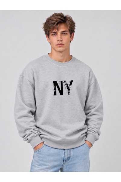 FUFLUNS Palm Tree Patterned Ny Printed Oversized Men's Crewneck Sweatshirt