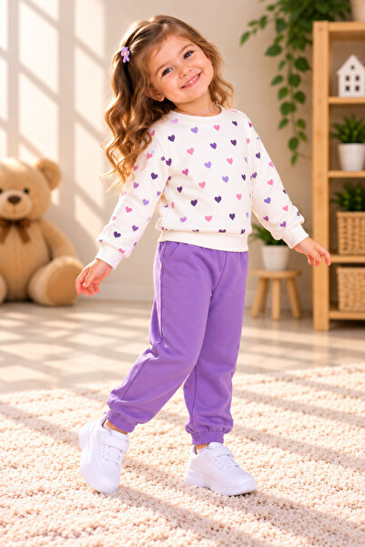 SERPİL Girl's Heart Patterned Sweatshirt and Sweatpants 2-Piece Tracksuit Set...
