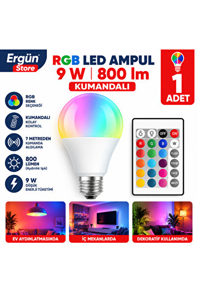 Ergün Store Renk Değiştiren Rgb Led Ampul E27 9w 800lm 1 Adet Kumandalı Çeşit...