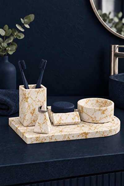 betonmall 5 Piece Concrete Bathroom Set with Organizer Solid Soap Dish Ring H...