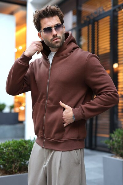 Madmext Bitter Brown Hooded Men's Sweat Cardigan E7219