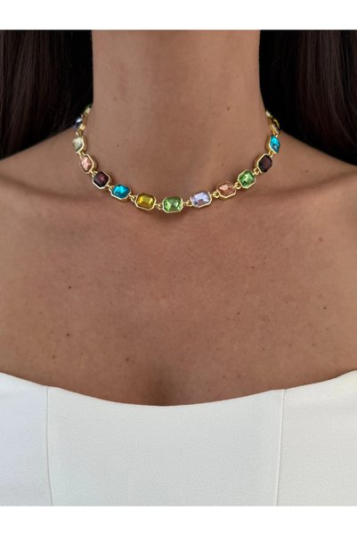 Luparadis Özel Seri Oval Tasarım Renkli Baget Taş Detay Gold Kolye