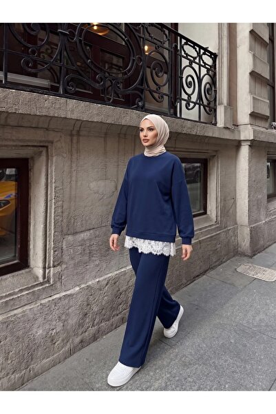 Trend Paris Dantel Detaylı Rahat Kesim İkili Spor Takım Lacivert