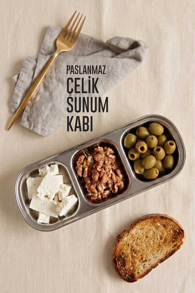 HOMENIVA 3 Bölmeli Paslanmaz Çelik Sunumluk – Kahvaltı Meze ve Sos Kabı