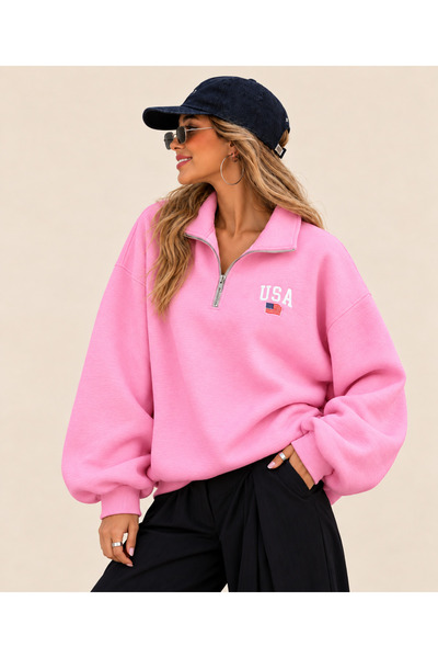 FAVORİST Usa Printed Women's Stand Collar Half Zipper Oversize Sweatshirt