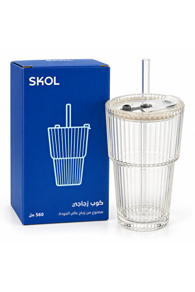 SKOL كوب سكول الزجاجي المضلّع بغطاء وشفاط – 560 مل | Ribbed Glass Cup with Li...