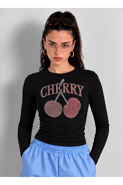 NİCE Women's Crew Neck Long Sleeve T-Shirt Cherry Stone Printed