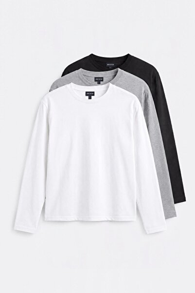 GIESTO 3'LÜ UZUN KOL REGULAR FIT SİYAH BEYAZ GRİ T-SHIRT