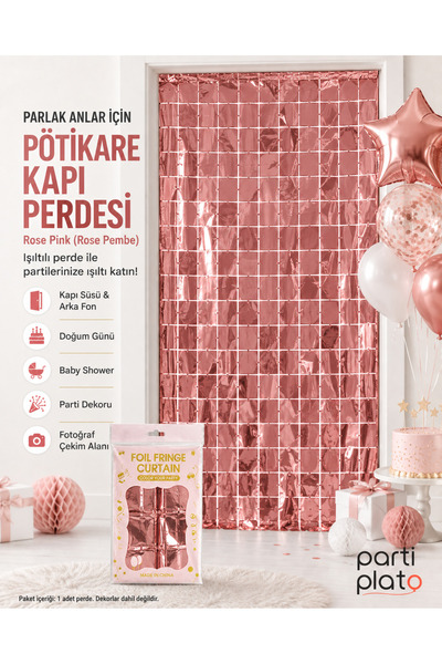 Parti Plato Rose Pink Rose Pink Gingham Foil Door Curtain 100X200 cm Party Bi...