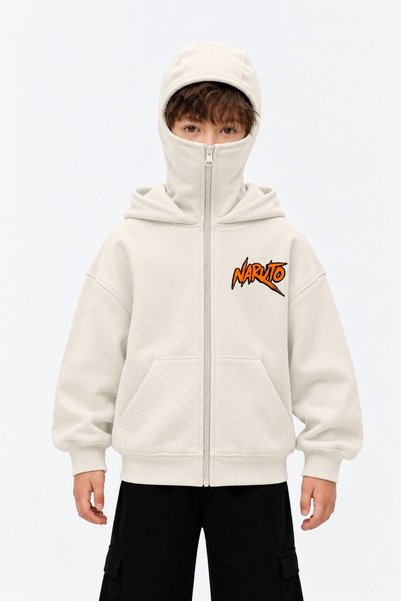 HAI COLLECTİON Çocuk Ninja Kapüşonlu Sweatshirt Ekru Cepli Oversize Hoodie