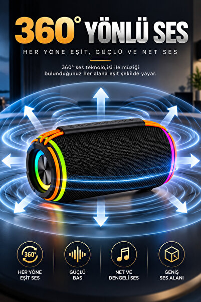 Omaze Taşınabilir Bluetooth Hoparlör RGB LED Işıklı Şarjlı Kablosuz Güçlü Sesli