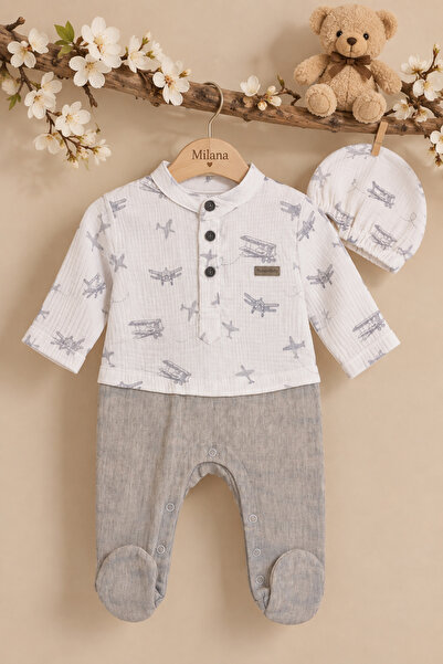 Erkek Bebek Uçak Desenli Şapkalı Patikli Tulum 2'li Set