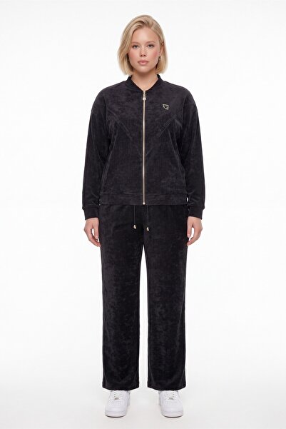 EXİTLİNE Women's Black Winter Tracksuit Set with Adjustable Waist, Front Zipp...