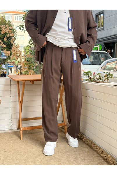 manch collection Giesto Pleated Baggy Modal Fabric Trousers Brown