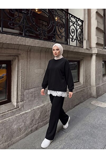 Trend Paris Dantel Detaylı Rahat Kesim İkili Spor Takım Siyah
