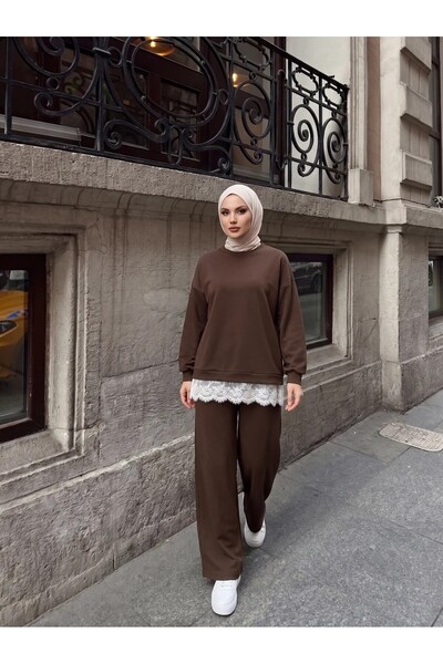 Trend Paris Dantel Detaylı Rahat Kesim İkili Spor Takım Kahverengi