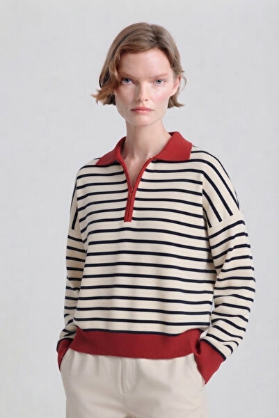 soft&basic Çizgili Polo Yaka Triko Kadın Kazak Fermuarlı