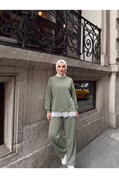 Trend Paris Dantel Detaylı Rahat Kesim İkili Spor Takım Açık Yeşil
