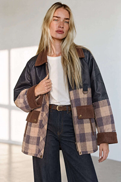 Sue Store Khaki Green Plaid Oversized Coat with Fur Inside
