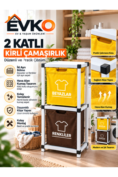 EVKO 2 Katlı Kirli Çamaşırlık Beyazlar Renkliler Ayrı Çamaşır Sepeti