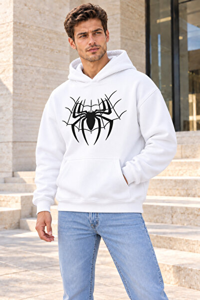 PENTHİLUS Erkek Oversize Örümcek Baskılı Kapüşonlu Sweatshirt Hoodie
