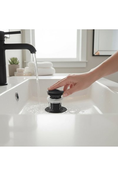 vb vitrinbanyo Sink Siphon Head Black Push-Open System Sink Center Drain Bellows Siphon Matte Black