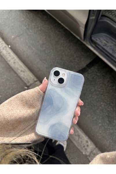 MUSSTECH Iphone 13-14-15 Uyumlu Mavi Mermer Desenli Şeffaf iPhone Telefon Kıl...