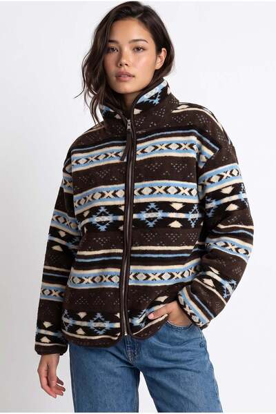 Mixray 4981 Kadın Kilim Motifli Mavi Cepli Yumuşak Dokulu Polar Sweatshirt