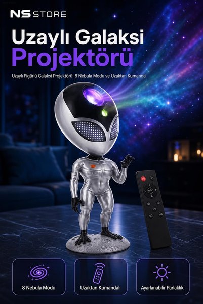 NS Store Galaksi Projektör Gece Lambası Uzaylı Figürlü 8 Nebula Modlu Masa Üstü BT Hoparlörlü