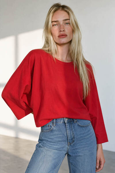 Sue Store Red Bat Sleeve Detailed Premium Blouse