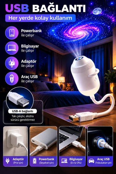 Deseja USB Galaksi Projektör LED Gece Lambası 360° Ayarlanabilir 12 Filmli 2’si 1 Arada Ambiyans Işık