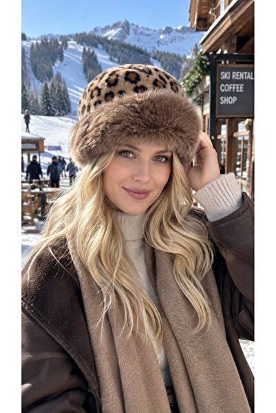 MARBERRY Brown Leopard Patterned Plush Hat for Women