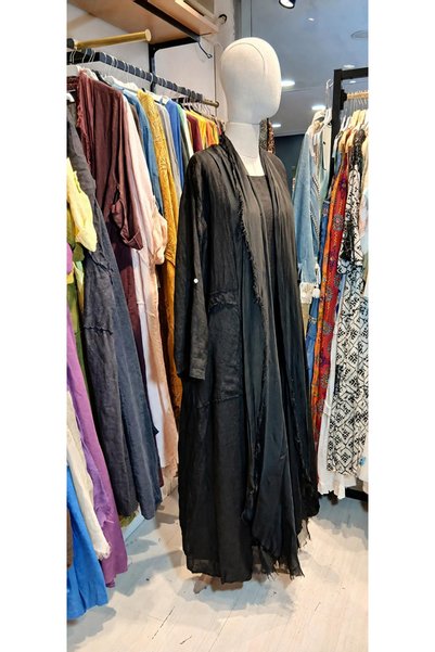 Lino Women's Natural Linen Sleeveless Dress & Silk Blend Tassel Detailed Long Kimono Jacket Set
