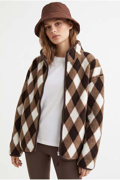 Mixray 4981 Kadın Baklava Desenli Kahve Cepli Yumuşak Dokulu Polar Sweatshirt