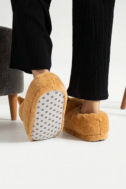 Moda Devrin Taba Hayvanlı Sessiz Taban Panduf Sevimli Kedi Figürlü Peluş Ev Ayakkabısı