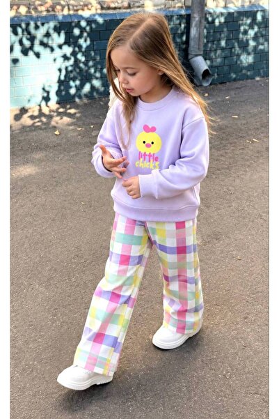 KIZ ÇOCUK DESENLİ SWEATSHIRT KARELİ PANTOLON 2’Lİ TAKIM