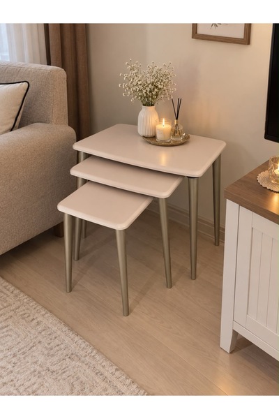 Y&H YAMAN HOME AHŞAP AYAKLI ÜÇLÜ ZİGON SEHPA ESKİTME GOLD BOYALI AYAK
