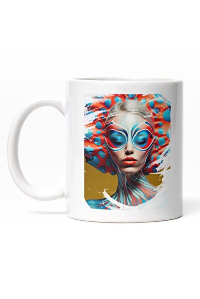 INOVATIX Cana alba personalizata,Portret Fata Make Up Albastru,Tinuta Cu Biza...