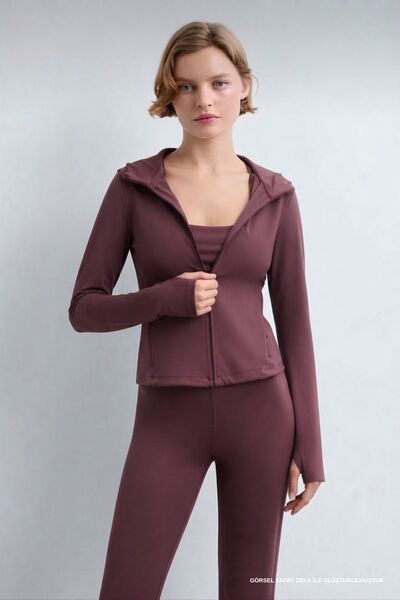 soft&basic Fit Soft Textured Zippered Hooded Cardigan with Pocket and Finger ...