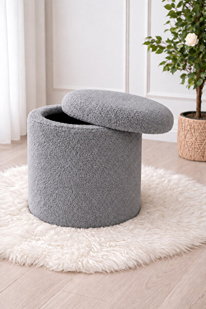 Yuems home Teddy Kumaş Sandıklı Yuvarlak Puf (Gri)